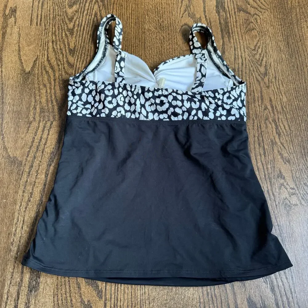 Lands End Womens Black White Leopard Underwire Tankini Swim Suit Top Size 12D - Picture 2 of 6